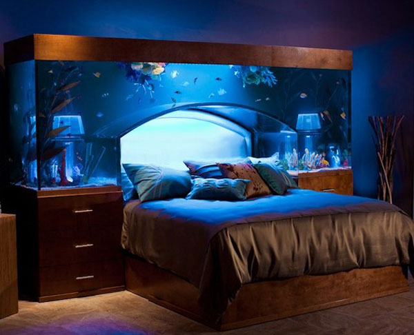 Aquarium Headboard Wood Bedside Table Marble Floor Blue Nightlight Bedroom