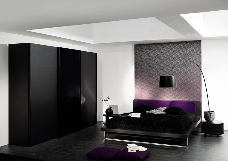 Artistic Wall Decoration Black Arch Lamp Modern Low Profile Bed Black Wardrobe Bedroom