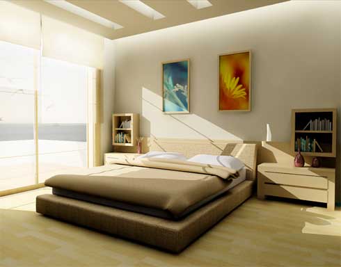 Artistic Wall Mural Low Profile Bed Bedside Table Glass Bay Window Bedroom