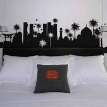 Bedroom Artistic Wall Sticker White Bed Sectional Floor Lamp Grey Pillow Book-headboard-Modern-white-bed-White-pillows-Novel-bulb-lamp