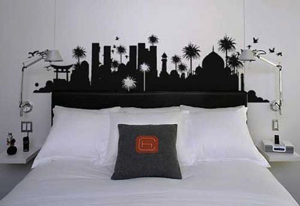 Artistic Wall Sticker White Bed Sectional Floor Lamp Grey Pillow Bedroom