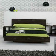 Bedroom Artistic Wallpaper Bowl Pendant Lamp Wood Bed Frame Low-profile-bed-Brown-fur-rug-Wood-drawer
