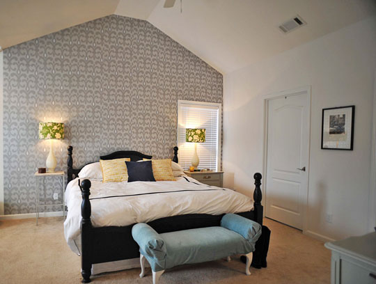 Bedroom Artistic Wallpaper Floral Print Drum Table Lamp Classic Bed Frame Captivating Design on the Bedroom Design