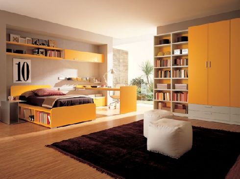 Teen Room Large-size Bedroom Black Rug Yellow Cabinets Yellow Bookcase Glass Window Teen Room