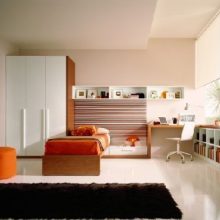 Teen Room Black Rug White Cabinet Bookcase Red Sofa Glass Window Blue-Bedroom-Blue-Stairs-Brown-Rug-Lighting-Bookcase