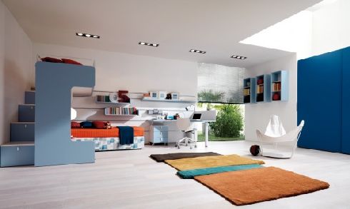 Teen Room Blue Bedroom Blue Stairs Brown Rug Lighting Bookcase Exciting Teen Room Looks So Chic with Bright and Wide Visualization