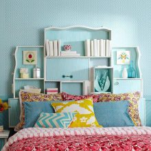 Bedroom Blue Themed Bedroom Bookshelf Headboard Floral Pattern Pillows Floral Bed Cover Book-headboard-Modern-white-bed-White-pillows-Novel-bulb-lamp