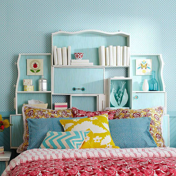 Bedroom Blue Themed Bedroom Bookshelf Headboard Floral Pattern Pillows Floral Bed Cover Unique Bed Headboard in Various Designs to Embellish Bedroom