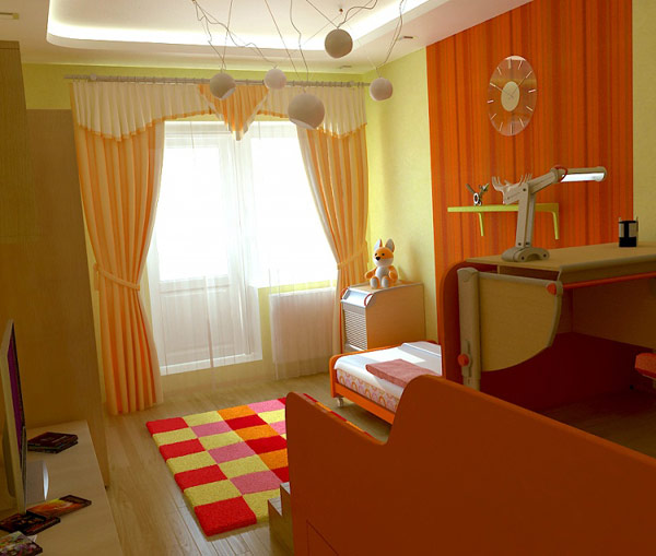 Teen Room Bright Curtain Yellow Beadboard Colorful Fur Rug Modern Desk Teen Bedroom Provides Cheerful and Extraordinary Pleasant Atmosphere