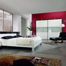 Bedroom Brown Fur Rug Arch Lamp Contemporary Bed Venetian Blind Elegant-low-profile-bed-Black-bedside-table-Glossy-dark-Artistic-painting