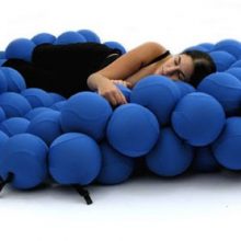 Bedroom Bubble Sofa Atomic Shaped Bed Sofa Soft Fabric Dark Threads Dark-floor-tiles-Red-cinema-bed-Unusual-bedside-table-Frosted-glass-wall