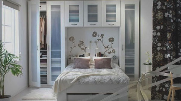 Bedroom Built In Closet White Bed Flower Patern Wallpaper Paterned White Sheet1 Small Bedroom Ideas to Have Comfortable Bedroom