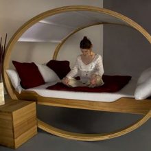 Bedroom Circular Shaped Bed Artificial Indoor Plant Unusual Canopy Bed Box Bedside Table Dark-floor-tiles-Red-cinema-bed-Unusual-bedside-table-Frosted-glass-wall