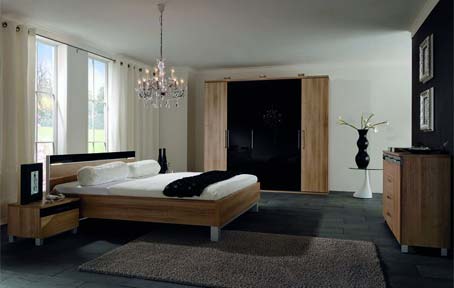 Bedroom Dark Floor Tiles Dark Fur Rug Crystal Chandeliers French Windows Modern Bedroom with Great Furniture Arouses Fresh Atmosphere