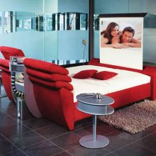 Bedroom Dark Floor Tiles Red Cinema Bed Unusual Bedside Table Frosted Glass Wall Circular-shaped-bed-Artificial-indoor-plant-Unusual-canopy-bed-Box-bedside-table