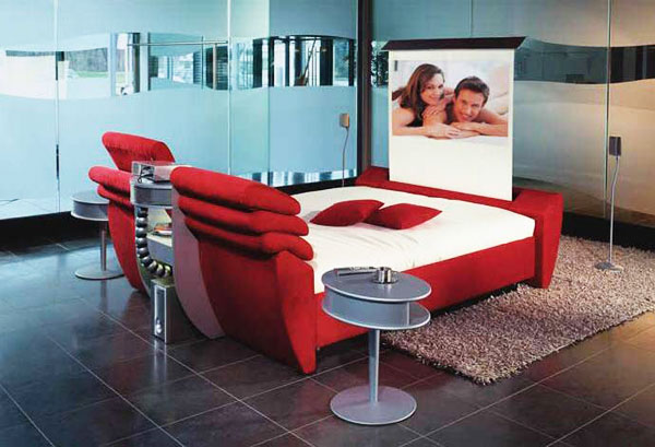 Bedroom Dark Floor Tiles Red Cinema Bed Unusual Bedside Table Frosted Glass Wall Sophisticated Beds as Futuristic Bed in Unusual Shape
