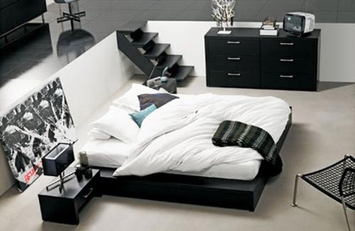 Elegant Low Profile Bed Black Bedside Table Glossy Dark Artistic Painting Bedroom