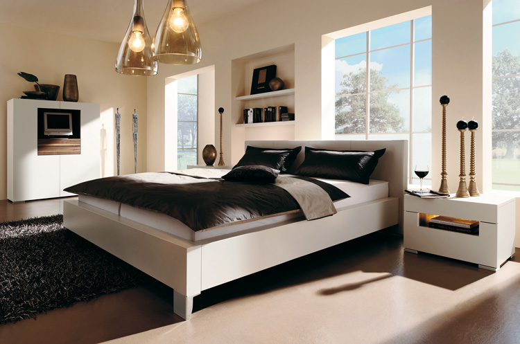 Glass Lamp Shades Modern Low Profile Bed Black Fur Rug Bedroom