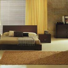 Bedroom Low Profile Bed Brown Fur Rug Wood Drawer Artistic-wallpaper-Bowl-pendant-lamp-Wood-bed-frame