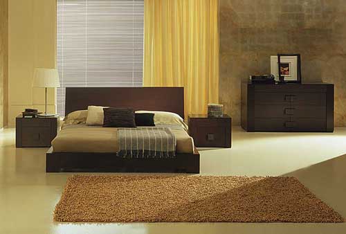Low Profile Bed Brown Fur Rug Wood Drawer Bedroom