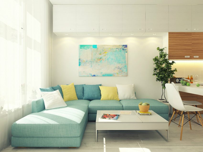 Apartment Large-size Calm Green Sofas Family Room Design Decorating Ideas Decor Home Interior Modern Yellow Green White Pillow Apartment
