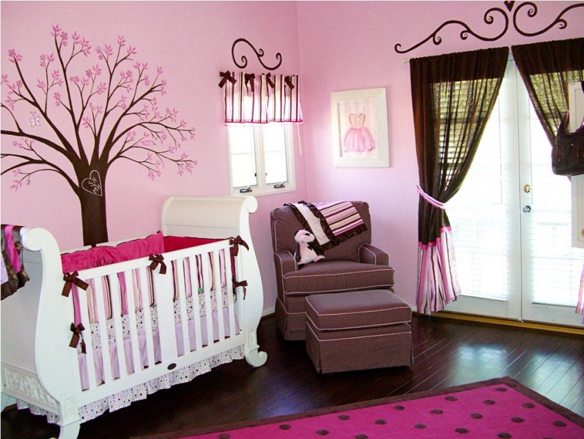 Bedroom Large-size Pink Girly Baby Nursery Room Design Bedroom Ideas Home Designs Room For Themes Interior Decorating Decor Dorm Design Floral Wall Sticker And Pink Polkadot Rug Bedroom